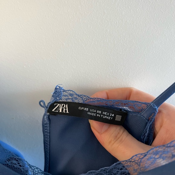 NWOT ZARA Blue Satin Slip Dress with Lace Trimming (XS) - Picture 4 of 5